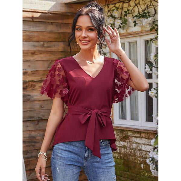 

Floral Applique Mesh Sleeve Belted Blouse, Burgundy