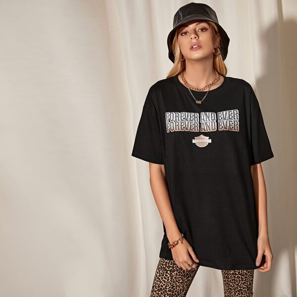 

Slogan Graphic Drop Shoulder Longline Tee, Black