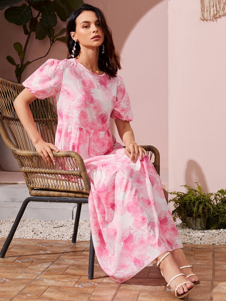 Allover Floral Print Smock Dress - Baby Pink - View 3