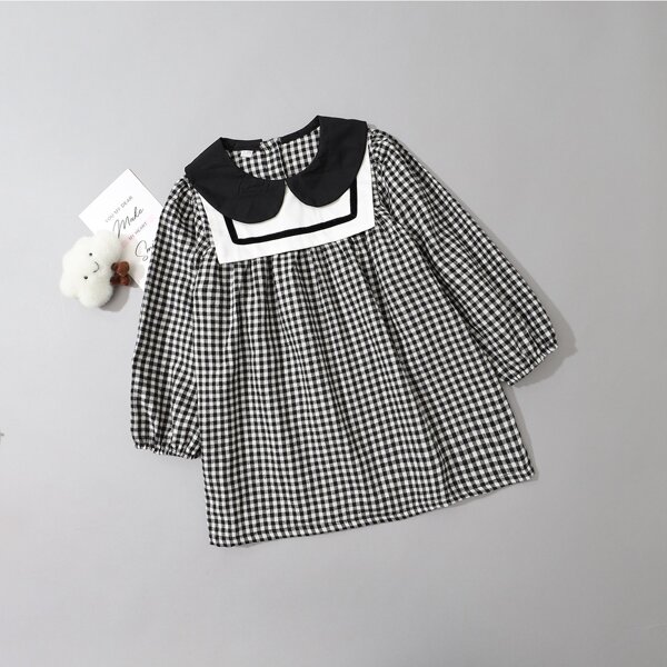 

Toddler Girls Gingham Peter Pan Collar Dress, Black and white