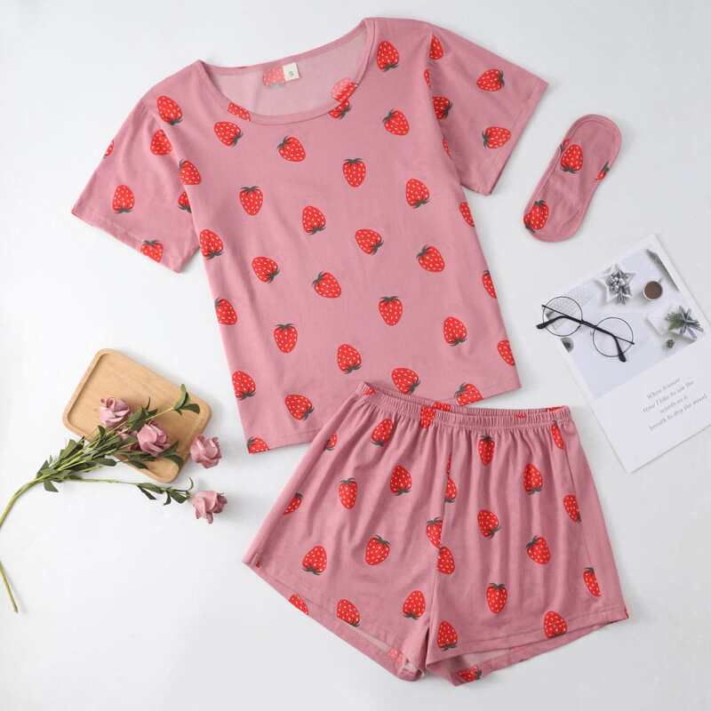 

Strawberry Print Tee & Shorts Pajama Set, Dusty pink