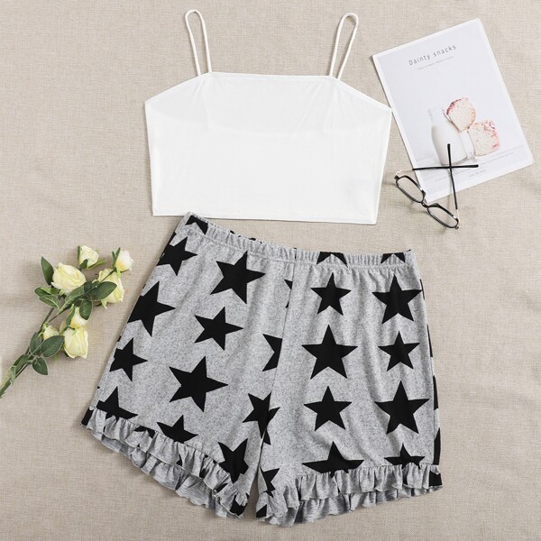 

Plus Crop Cami Top and Ruffle Hem Star Shorts PJ Set, Multicolor