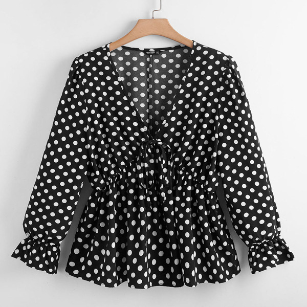 

Plus Polka Dot Ruffle Hem Smock Blouse, Black and white