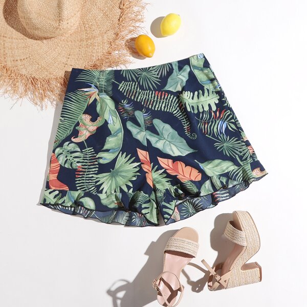 

Plus Leaf Print Ruffle Hem Shorts, Multicolor