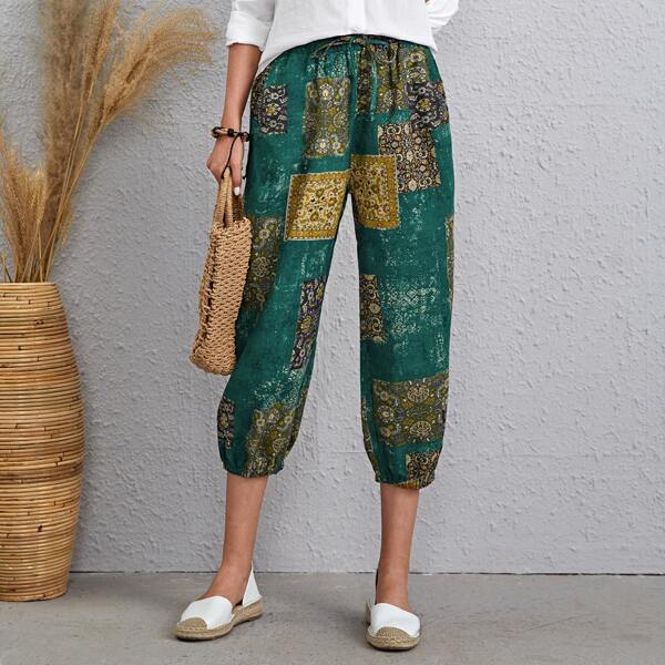 

Patchwork Print Tie Front Pants, Multicolor