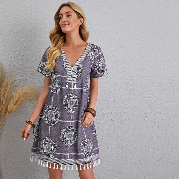 

Graphic Print Tassel Hem Dress, Mauve purple