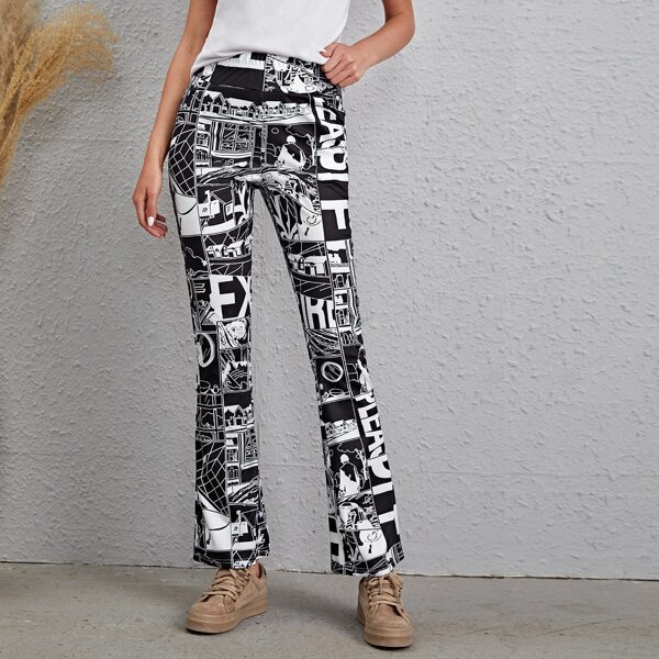 

Comics Print Flare Leg Pants, Black and white