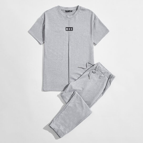 

Men Letter Patched Seam Front Tee and Joggers Set, Light grey