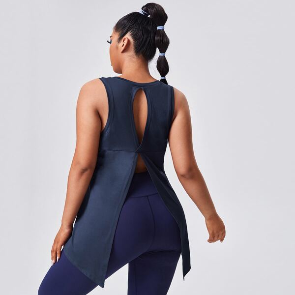 

Plus Solid Split Back Sports Tank Top, Navy blue