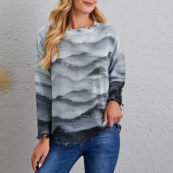 

Landscape Pattern Distressed Hem Sweater, Multicolor