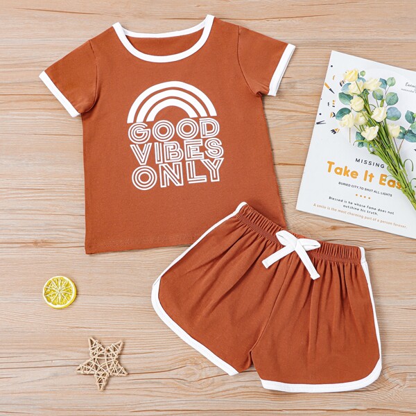 

Toddler Girls Letter Graphic Tee & Track Shorts, Brown