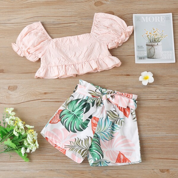 

Toddler Girls Ruffle Hem Milkmaid Top With Belted Tropical Shorts, Multicolor