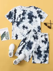 SHEIN 男孩紮染T恤和傾斜口袋短褲套裝 - 藍白色 - 查看 1
