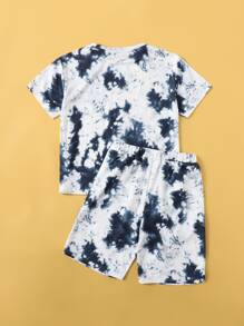 SHEIN 男孩紮染T恤和傾斜口袋短褲套裝 - 藍白色 - 查看 2