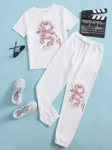 SHEIN 男孩中文和龍圖案T恤和慢跑褲套裝 - 白色 - 查看 1
