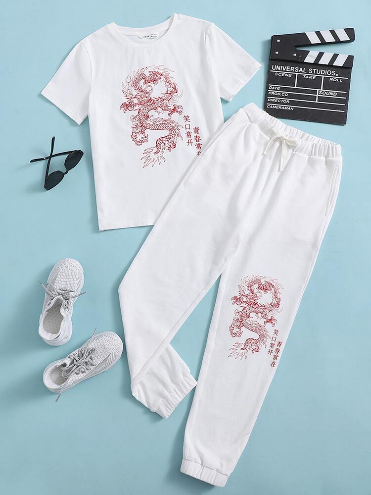 SHEIN 男孩中文和龍圖案T恤和慢跑褲套裝 - 白色 - 查看 1