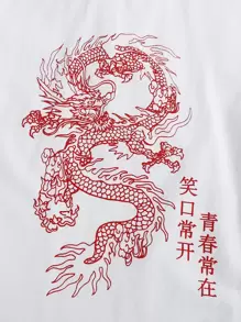 SHEIN 男孩中文和龍圖案T恤和慢跑褲套裝 - 白色 - 查看 4