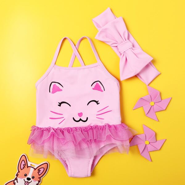 

Baby Girl Cat Print One Piece Swimsuit & Headband, Baby pink