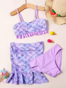 女孩3入組魚鱗印花荷葉邊美人魚尾巴套裝