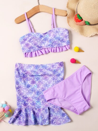 طقم ذيل حورية البحر بطباعة قشور السمك كشكش 3 قطع بنات