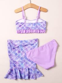 女孩3入組魚鱗印花荷葉邊美人魚尾巴套裝