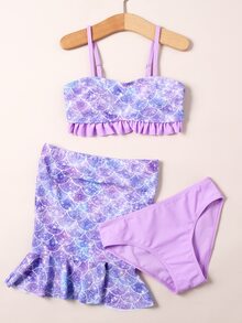 女孩3入組魚鱗印花荷葉邊美人魚尾巴套裝