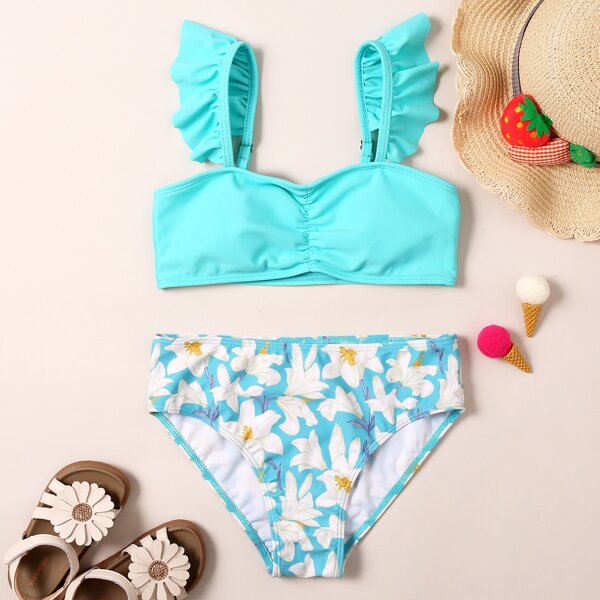 

Girls Random Floral Ruched Ruffle Bikini Swimsuit, Multicolor