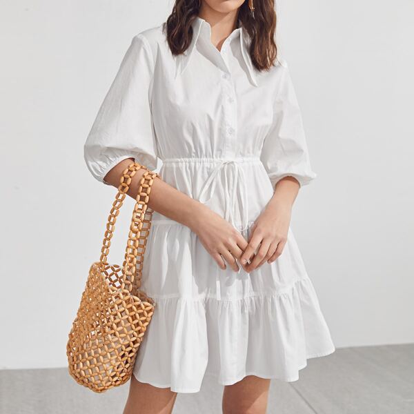 

Lantern Sleeve Drawstring Waist Smock Shirt Dress, White