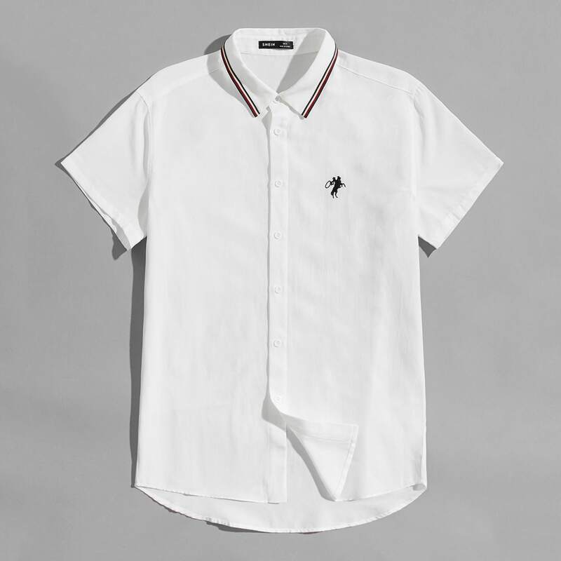 

Guys Striped Trim Embroidered Detail Shirt, White