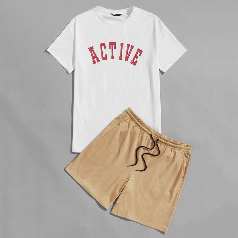 

Guys Letter Graphic Tee and Drawstring Waist Shorts Set, Multicolor