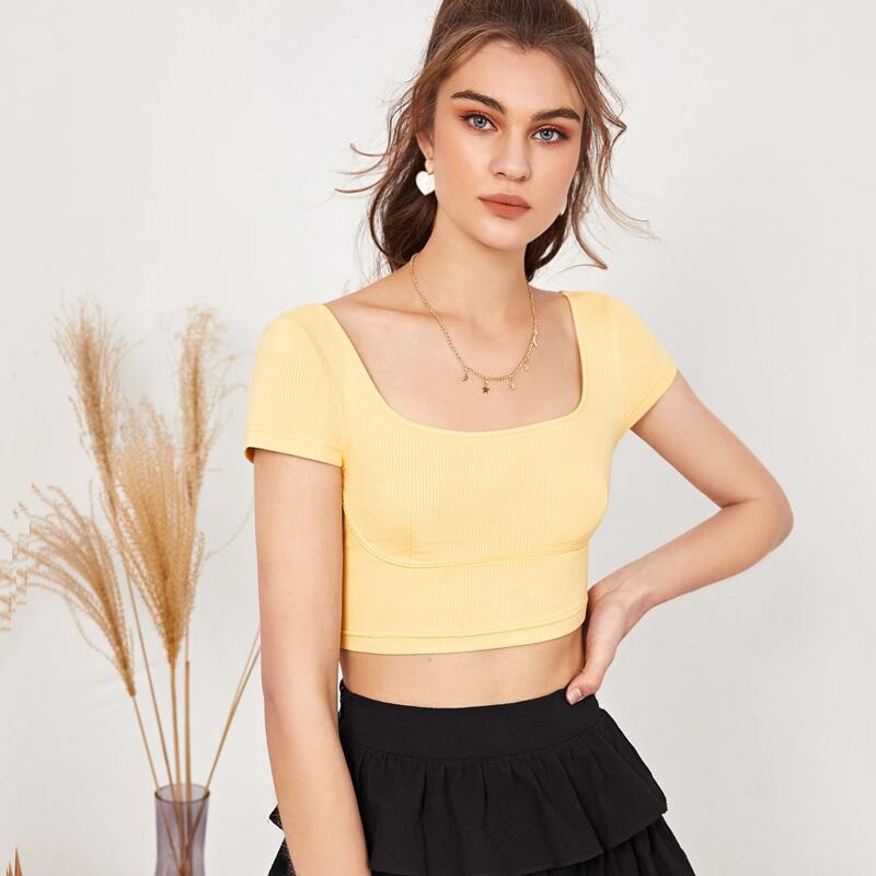 

Binding Trim Crop Tee, Yellow pastel