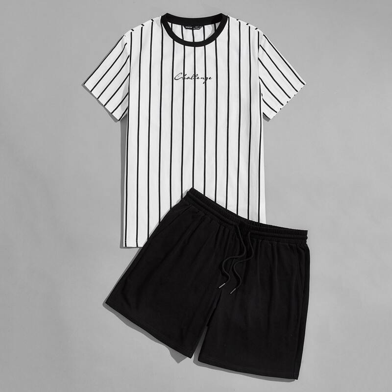 

Guys Letter and Striped Tee and Track Shorts Set, Black and white