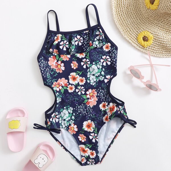 

Girls Random Floral Ruffle One Piece Swimsuit, Multicolor