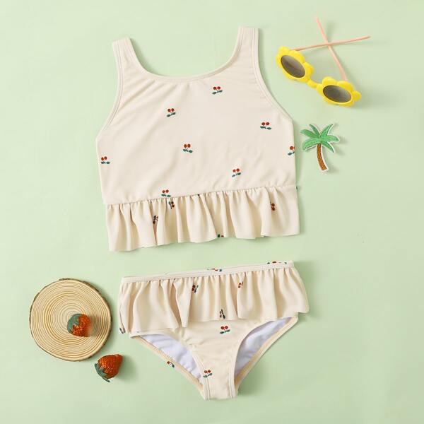 

Toddler Girl Cherry Print Ruffle Bikini Swimsuit, Beige