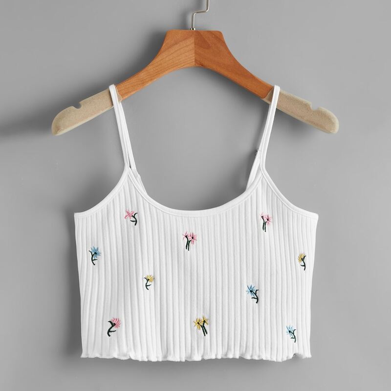 

Floral Embroidery Ribbed Crop Cami, White