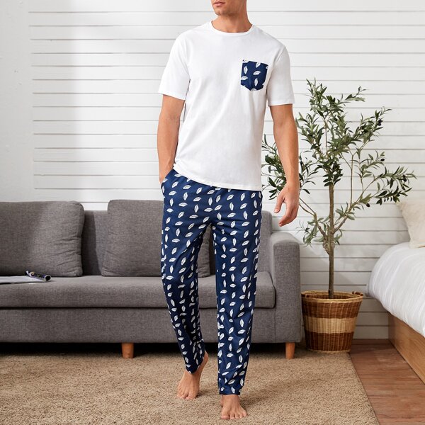 

Men Patch Pocket Graphic Tee & All Over Print Pants PJ Set, Blue and white