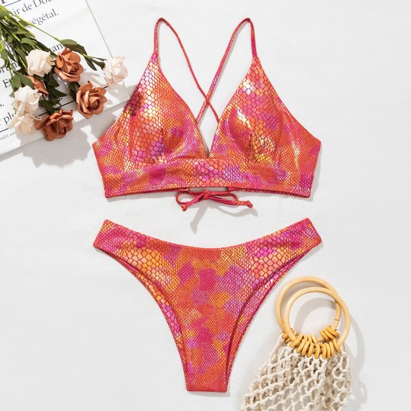 

Snakeskin Print Metallic Bikini Swimsuit, Red