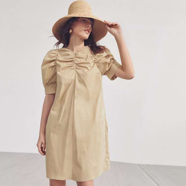 

Ruched Front Puff Sleeve Dress, Khaki