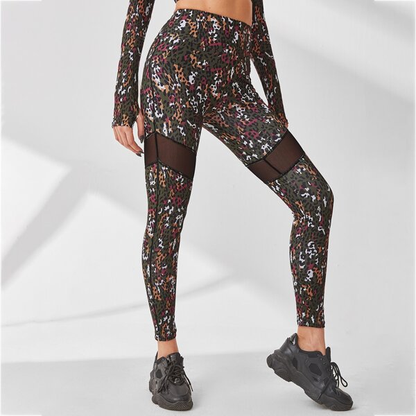 

Mesh Panel Allover Print Sports Leggings, Multicolor