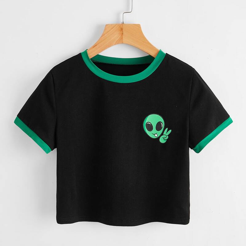 

Alien Print Ringer Crop Tee, Black