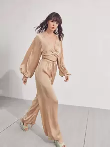 SHEIN Twist Front Lantern Sleeve Tie Back Top & Trousers Set - Apricot - View 1