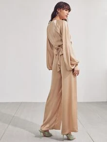SHEIN Twist Front Lantern Sleeve Tie Back Top & Trousers Set - Apricot - View 2