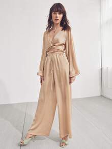 SHEIN Twist Front Lantern Sleeve Tie Back Top & Trousers Set - Apricot - View 3