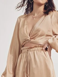 SHEIN Twist Front Lantern Sleeve Tie Back Top & Trousers Set - Apricot - View 4