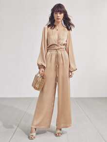 SHEIN Twist Front Lantern Sleeve Tie Back Top & Trousers Set - Apricot - View 5