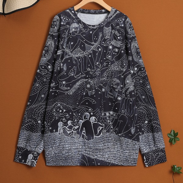 

Plus Graphic Print Raglan Sleeve Sweatshirt, Black