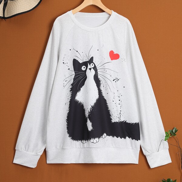 

Plus Cat Print Raglan Sleeve Sweatshirt, White