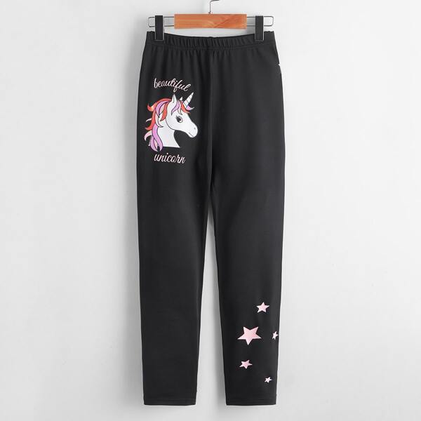 

Girls Unicorn & Letter Graphic Leggings, Black