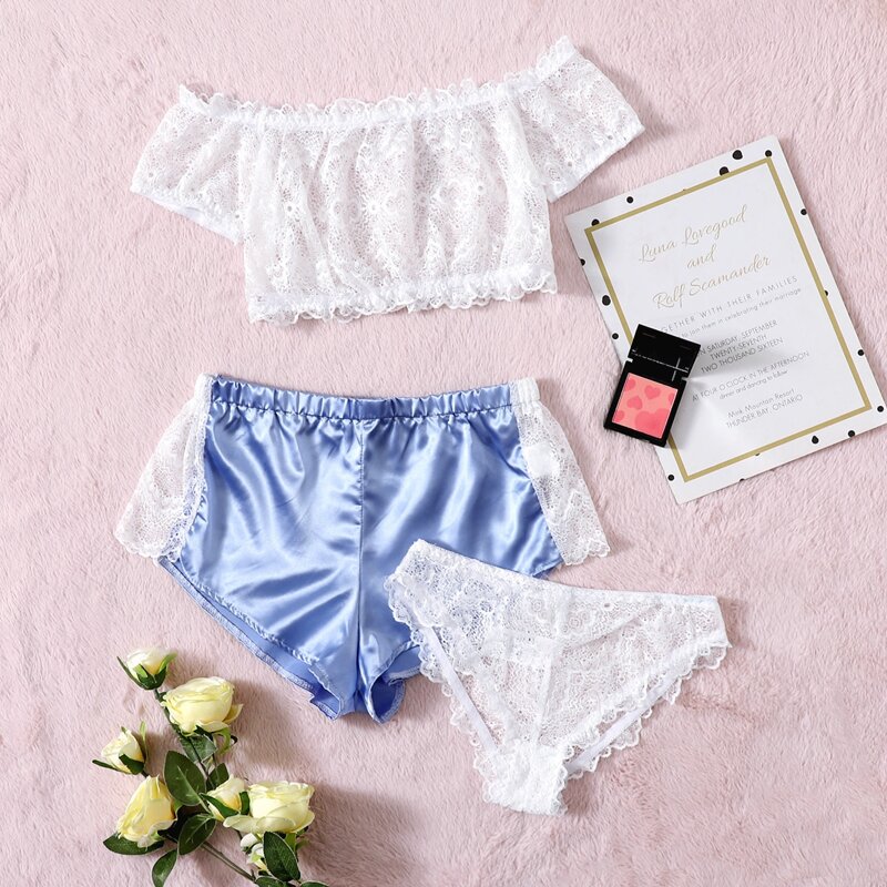 

3pack Floral Lace Satin Lingerie Set, Blue and white