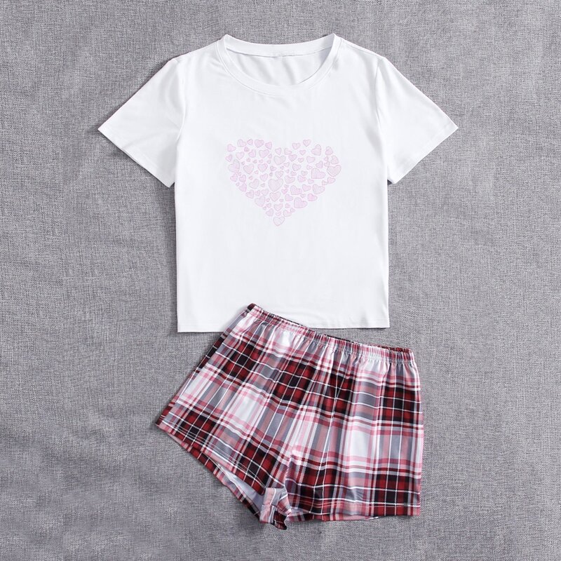 

Tartan & Heart Print Pajama Set, Multicolor